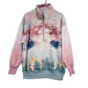 Pilcro Anthropologie Half Zip Fleece Pullover Scenic Print Multicolor Pink 
Sz S
